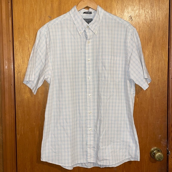 •SADDLEBRED•MENS' SHORT SLEEVE BLUE/OFF-WHITE PLAID BUTTON DOWN SHIRT  LARGE EUC - Picture 9 of 9